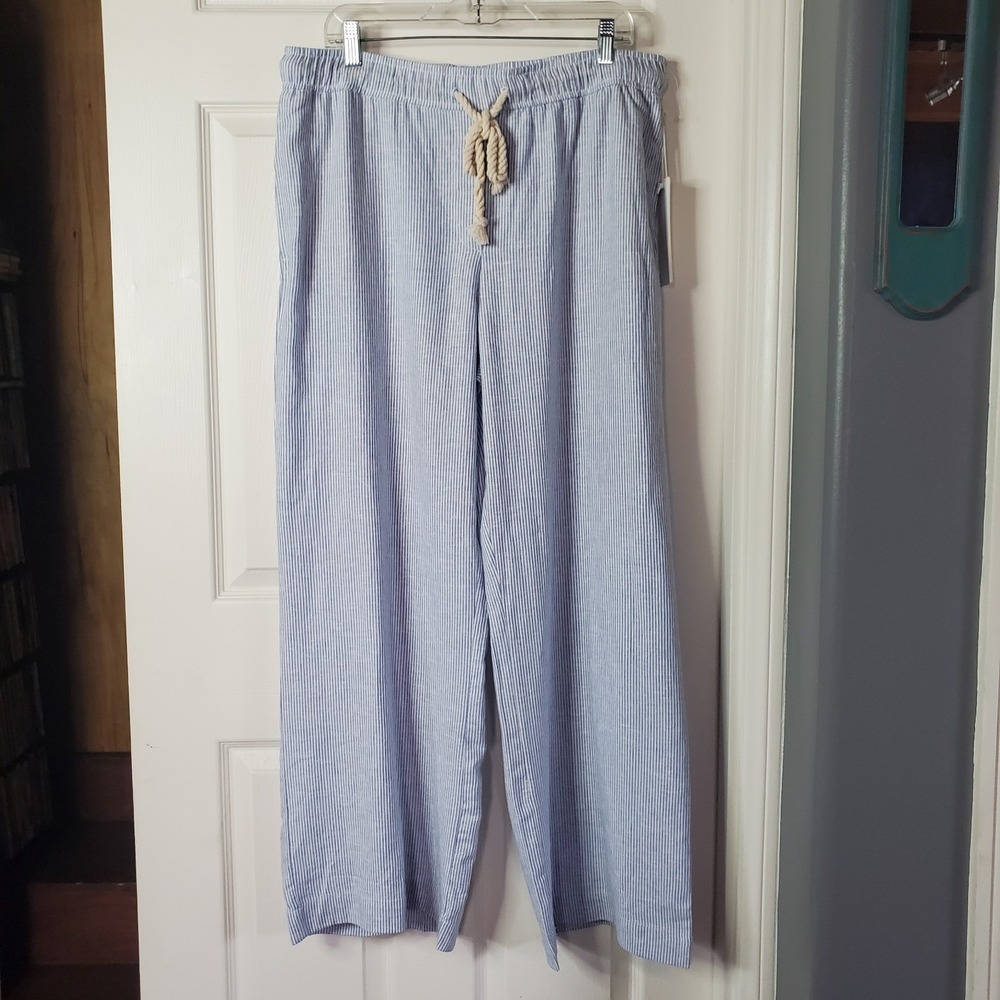 Linen Blend Drawstring wide-leg pants Striped Pockets Coastal Preppy Pull-on L